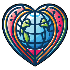 Vibrant globe in heart shape symbol conveys global love, unity, and environmental awareness