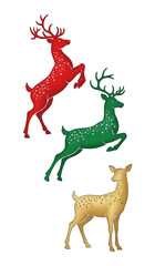 Christmas Holiday and Winter Design  Set of Three Deer Vectors: Red Reindeer, Green Stag, and Golden Fawn on a White / transparent background (PNG)