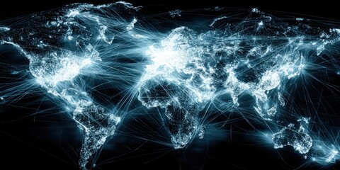 Glowing world map shows interconnectedness of global cities with illuminated lines