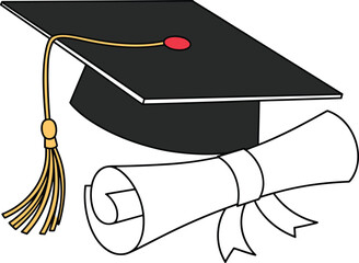 Graduation cap and diploma cartoon illustration, academic achievement clipart, education success image for schools, certificates, and student celebration visuals