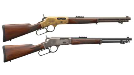 Classic lever action rifles with polished wood stocks
