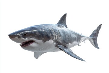 Naklejka premium White shark swimming gracefully, showcasing its powerful physique and large mouth, in a clear marine environment