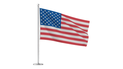 Waving american flag on a white pole with stars and stripes fluttering in the wind isolated on transparent background