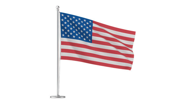 Waving american flag on a white pole with stars and stripes fluttering in the wind isolated on transparent background