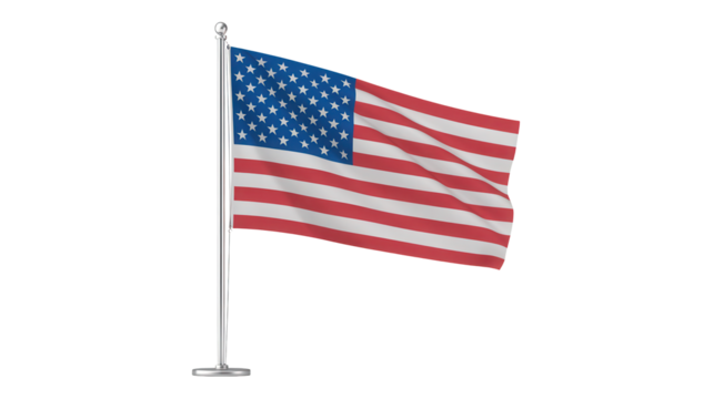 Waving american flag on a white pole with stars and stripes fluttering in the wind isolated on transparent background