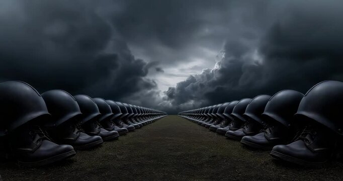 Empty Parade Ground with Helmets and Boots Under Storm Clouds