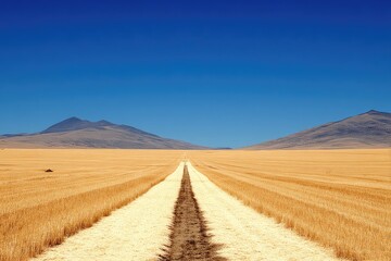 Obraz premium Open road through golden field, mountains in the distance under a clear blue sky