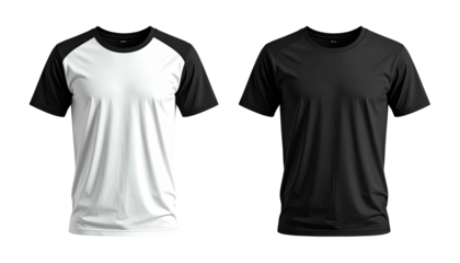 Raglan white/black and solid black short-sleeve shirts against a dark background, displayed in a clean studio shot