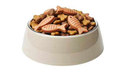 Delicious pet food in bowl with fish treats