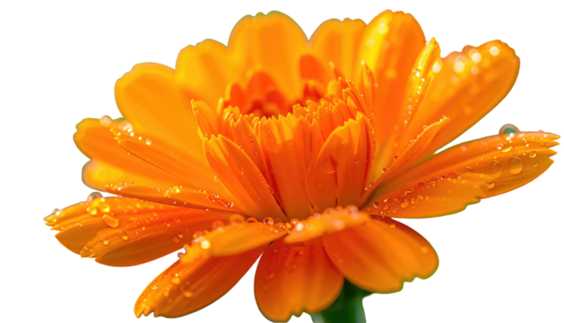 A vibrant orange flower with water droplets, isolated against a black background, showcasing detailed petals