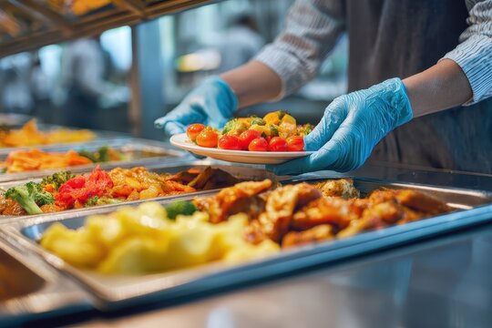 Hospital worker ensures food safety while serving nutritious meals in the cafeteria during lunchtime with careful attention to hygiene practices