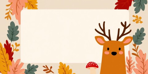 Cute deer with autumn leaves frame for text, invitation, greeting card