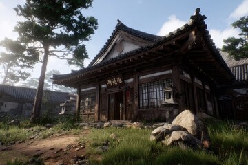 Traditional Japanese building in a serene rural setting