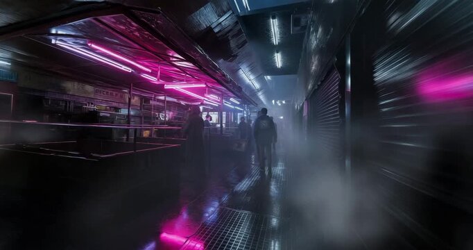 Cyberpunk City Alley with Adults Smoking Beneath Neon Signs and Smog