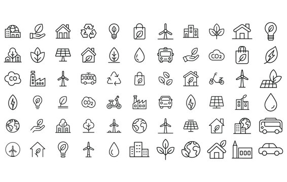 Collection of hand drawn icons representing environmental sustainability and green living concepts