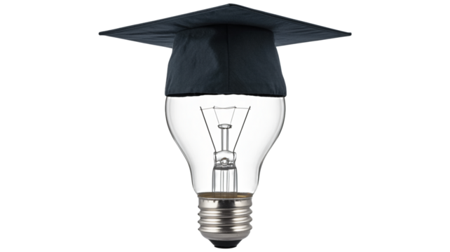 Graduation cap adorns glowing lightbulb signifying bright academic idea