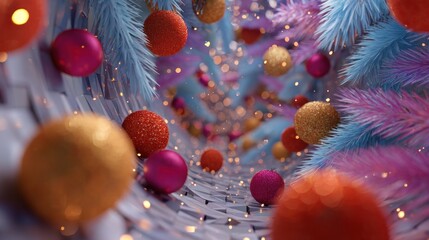 Colorful christmas ornament tunnel with blue and pink fir branches inside
