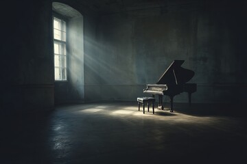 An old piano, unplayed in a dimly lit room, represents lost music and lingering memories.