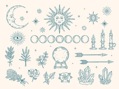 Vintage mystical set with moon, sun, stars, moon phases, candles, crystal ball, herbs, plants, eye, arrows and crystals in magical hand-drawn vector outline style