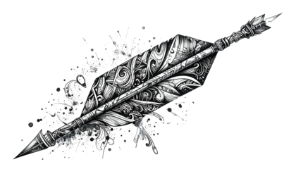 Ornate quill pen on black background with ink splatters and intricate patterns