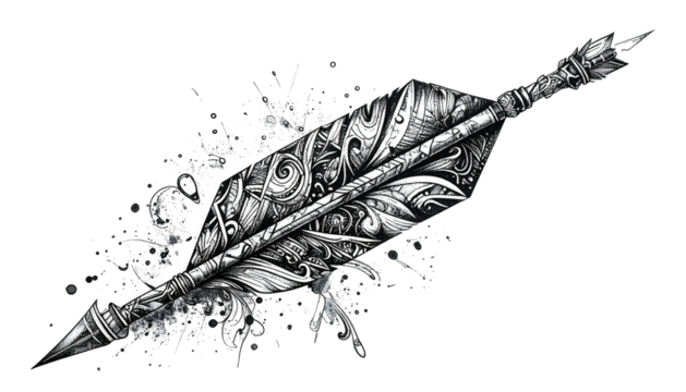 Ornate quill pen on black background with ink splatters and intricate patterns