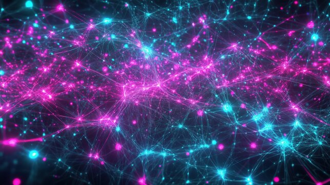 Neon cyber network pattern in pink and blue. Futuristic Y2K, holographic glow, complex web. Digital art, tech visuals, modern 90s, 2000s creative backdrop.