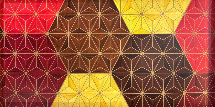 Vibrant colorful hexagonal shape with geometrical pattern superimposed. Hexagons in red, burgundy, and yellow color. Vector and graphic illustration. For graphic background or wall covering.