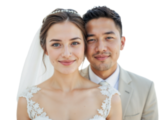 A couple stands close together, both smiling happily on their wedding day. The bride wears a lace gown and veil while the groom is dressed in a light-colored suit for the outdoor celebration.