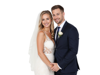 Couple celebrates their wedding day with smiles and love in a bright studio setting