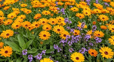 Obraz premium Field of Bright Orange Marigolds and Purple Wildflowers