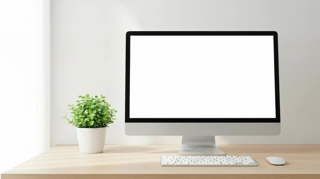 Modern workspace scene featuring a desktop computer, keyboard, mouse, and plant. Natural light streams