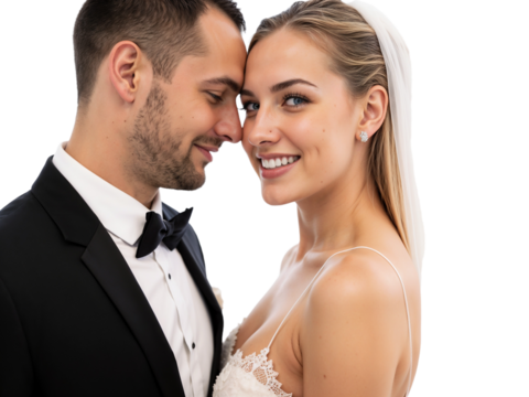 A couple celebrates their wedding day, embracing each other with smiles. They wear formal attire, enjoying a special moment together. The setting highlights their love and happiness.