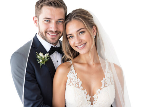 A joyful couple shares a tender moment on their wedding day, both smiling happily as they embrace. The groom is in a classic suit, and the bride wears a stunning lace gown.
