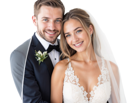 A joyful couple shares a tender moment on their wedding day, both smiling happily as they embrace. The groom is in a classic suit, and the bride wears a stunning lace gown.