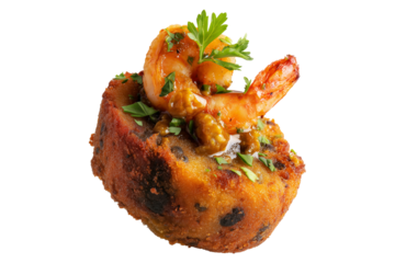 Gourmet shrimp atop polenta cake, garnished with herbs, isolated on white transparent background, concept of fine dining cuisine.