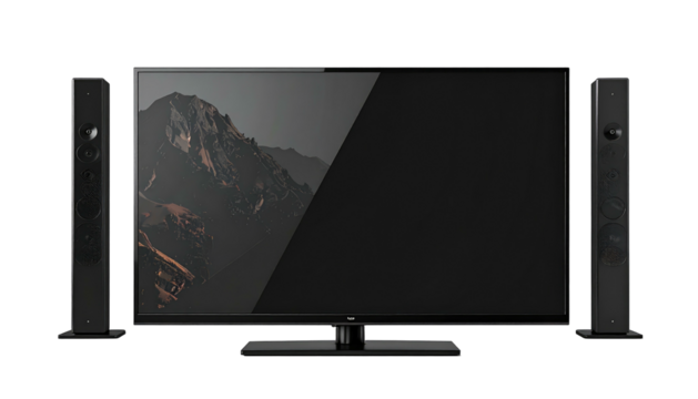 Television screen showing a mountain scene on one half, flanked by two black speakers, all against a black background