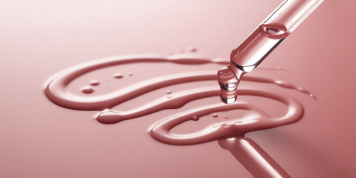 Closeup of a dropper dispensing serum onto a pink surface