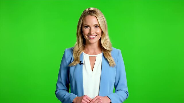 Smiling Female Presenter in Blue Blazer Standing Against Bright Green Screen, Ideal for Chroma Key Compositing