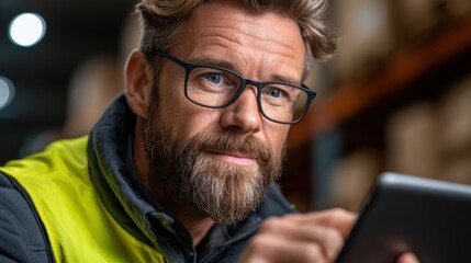 A focused man in workwear and glasses uses a tablet in a storage facility, showcasing modern business practices, Ideal for articles on technology in industry, logistics, and workplace efficiency,