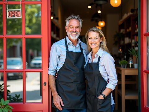 Small business success with happy mature couple of owners standing at their local store entrance with an open sign