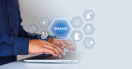 Brand awareness strategy concept, businessman planning digital brand awareness, communication, target, Marketing growth icons, customer loyalty, and partnership symbols for corporate branding success