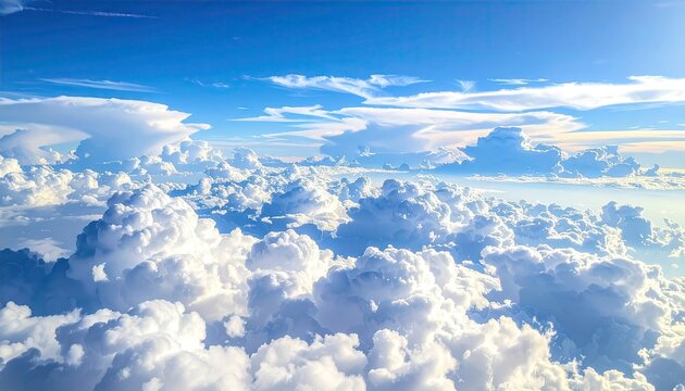 Aerial View of White Puffy Clouds Against a Vivid Blue Sky on Sunny Day with Bright Sunlight Creating Dreamlike and Ethereal Atmosphere from Airplane Window