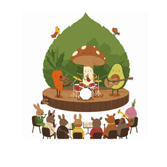 Obraz premium A whimsical cartoon concert featuring a cute vegetable band with a mushroom singer playing music for an audience of adorable rabbits