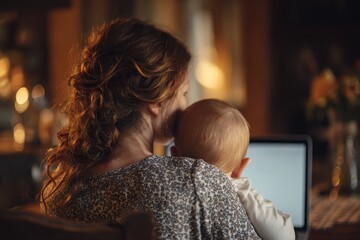 Young mother works on laptop while holding her baby in a cozy indoor setting, showcasing a tender moment of multitasking and nurturing care in the evening glow