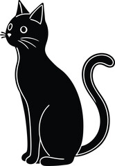 Bold black cat sitting with an arched back presented as a clean line art illustration isolated on white background.