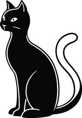 Bold black cat sitting with an arched back presented as a clean line art illustration isolated on white background.