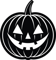Bold black line art halloween pumpkin face with carved features and spooky expression isolated on white background.
