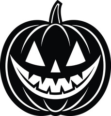 Bold black line art halloween pumpkin face with carved features and spooky expression isolated on white background.