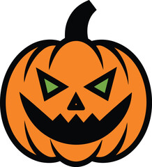 Bold black line art halloween pumpkin face with carved features and spooky expression isolated on white background.