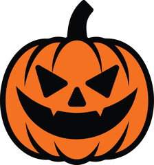Bold black line art halloween pumpkin face with carved features and spooky expression isolated on white background.